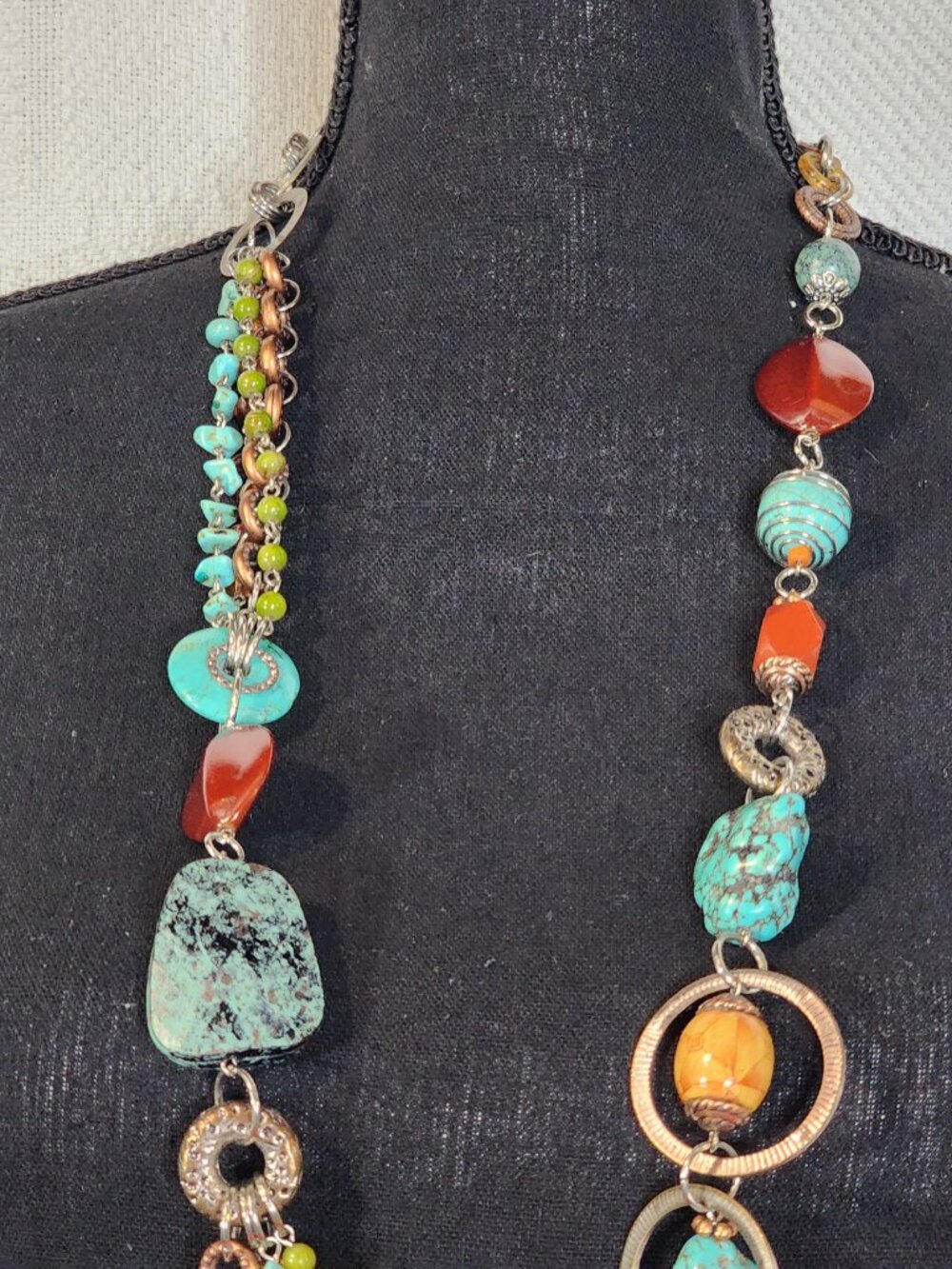 Chico's Multi Stone Multi Metal Circles 36" w/Extender Turquoise Copper Necklace - Picture 4 of 16